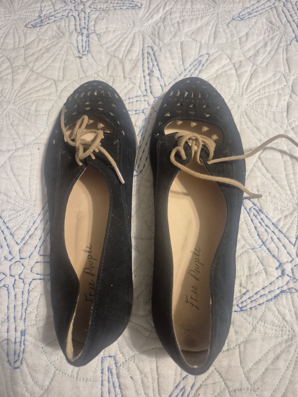 Free People Blue Suede Lace-Up Perforated Ballet Flats